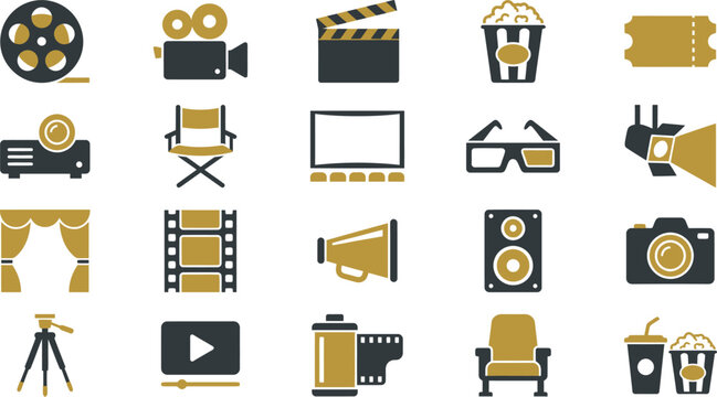 Collection of twenty monochrome and gold icons representing cinema production and movie watching elements