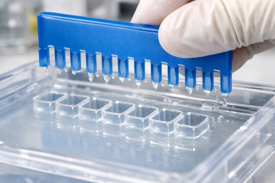 Scientist wearing laboratory gloves preparing an agarose gel for electrophoresis, carefully creating wells using a comb to load biological samples for genetic analysis and research
