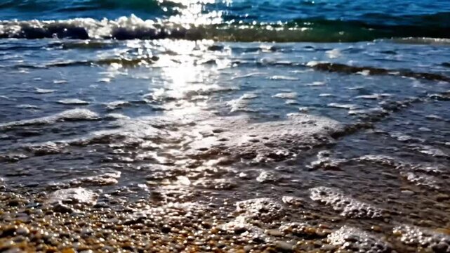 Low Angle Shot of Gentle Waves Crashing on a Sparkling Sandy Beach with Sun Reflection