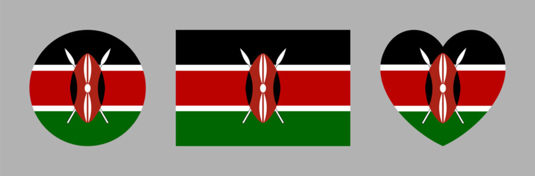 National flag of Kenya rectangular, heart shaped, round icons. Kenya flag rectangle, heart, circle badges, stickers set. Republic of Kenya flag banner, button, background, symbol, sign.