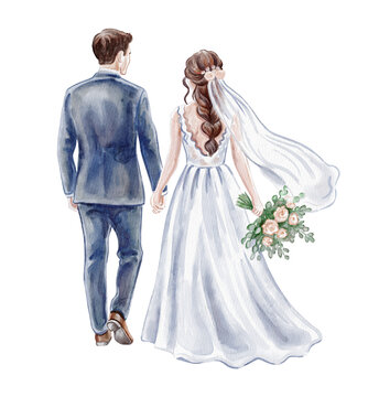 Watercolor illustration of a bride and groom walking away. Back view of a wedding couple holding hands. Hand-drawn romantic art isolated on white background