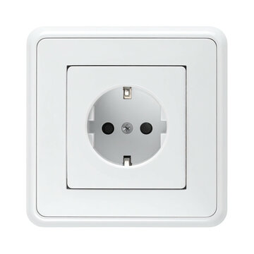 White square recessed electrical outlet, EU style, flush mounted to a wall