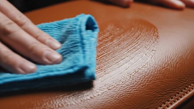 Hand using a microfiber cloth to clean a brown leather surface revealing a glossy finish