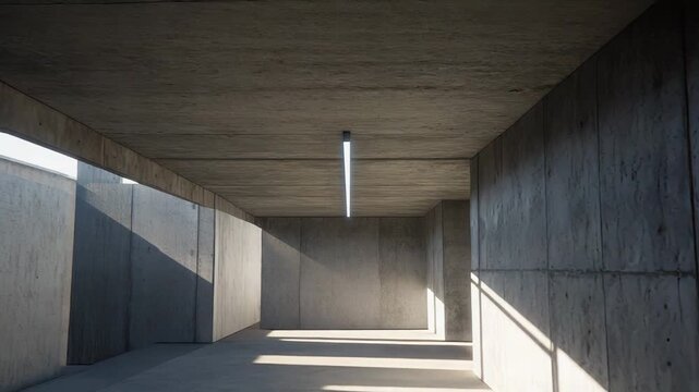 Empty concrete room featuring a stark brutalist architectural style, illuminated by sharp sunlight creating dynamic light and shadow patterns across the minimalist design surfaces