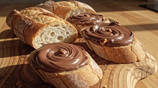 Delicious chocolate hazelnut spread swirled artfully on slices of crusty baguette bread for a delightful breakfast or dessert treat