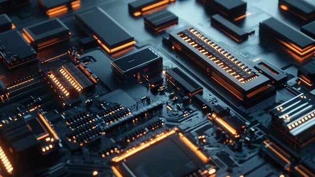 Circuit board featuring a central processor and various electronic components, with glowing orange pathways symbolizing data flow, digital processing, and advanced technology