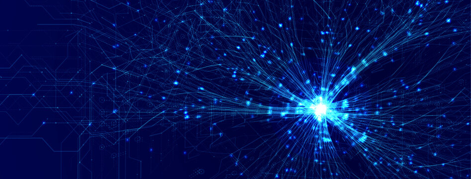 Neuro AI Network, Science Research, Abstract Biotech Transformation, Brain Stem Connection Lines Structure, Blue Neon Glowing Neural Pathways Mesh on Dark Blue Background. Vector Illustration