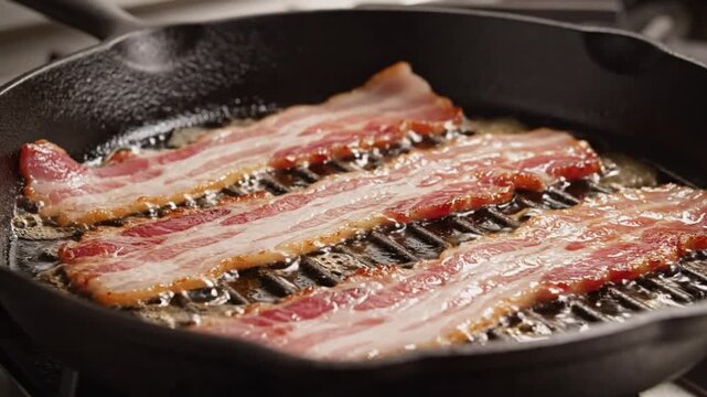 Crispy bacon strips sizzling in a cast iron grill pan on a stove top with rendered fat