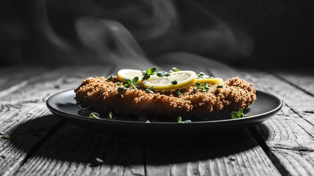 Savory fried chicken cutlet on a black plate with lemon slices and herbs against a smoky backdrop