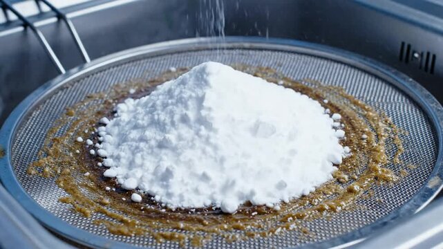 Water pouring onto powder creating a mound on a metal sieve strainer inside a stainless steel sink