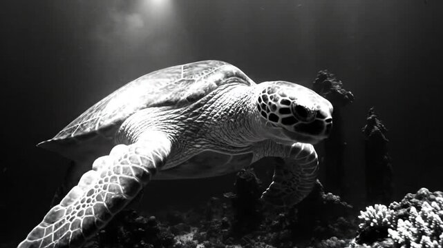 Graceful sea turtle gliding underwater in black and white, illuminated by sunlight through the depths