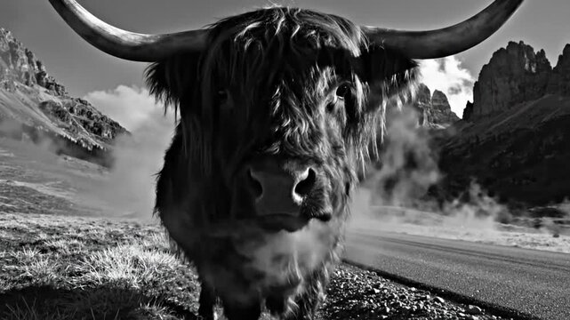 Majestic black and white portrait of a highland cow in a mountainous landscape, close up view