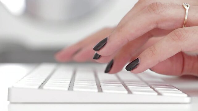 close up of woman hands typing on white keyboard