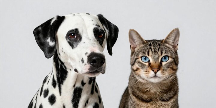 Close-up studio portrait of a Dalmatian dog and tabby cat side by side, highlighting contrast and companionship, lighting on clean white background