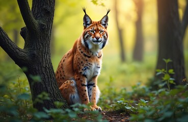Fototapeta premium Lynx sits near tree trunk in green spring forest. Spotted cat looks intently ahead. Wild animal rests in dappled sunlight. Fauna in natural habitat outdoors.