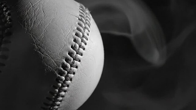 Close up monochrome shot of baseball with textured stitches in dramatic light and dark background