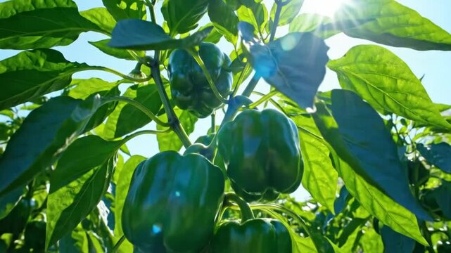 Low Angle Shot of Green Bell Peppers Growing on a Plant in the Garden with Sunlight Shining Through the Leaves