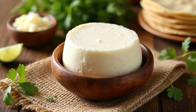 Fresh white queso blanco cheese served in a wooden bowl with lime and herbs. Stack of tortillas on table, rustic food styling, natural ingredients for Latin American meals.