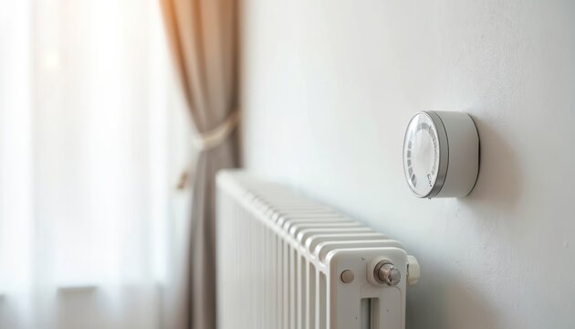 White radiator and modern thermostat on wall. Home heating system controls temperature for comfort and energy saving. Adjust dial for optimal room climate.
