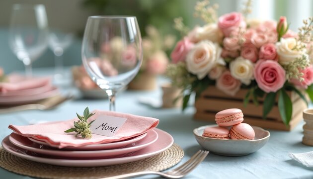 Elegant table setting with pink roses and macarons. A card reads Mom. Perfect for Mother Day brunch or a special celebration. Celebrate mothers with this beautiful dining arrangement.