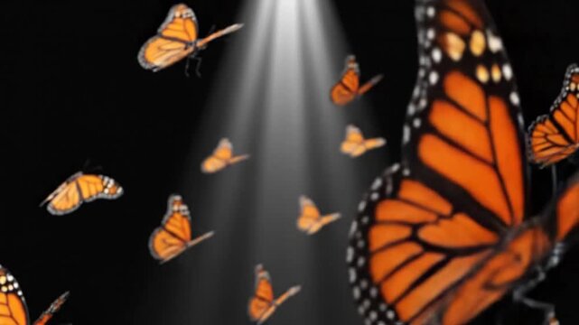 A swarm of monarch butterflies gracefully flying against a dark background illuminated by a bright light