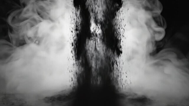 Black powder particles falling through thick white smoke for an abstract artistic background texture