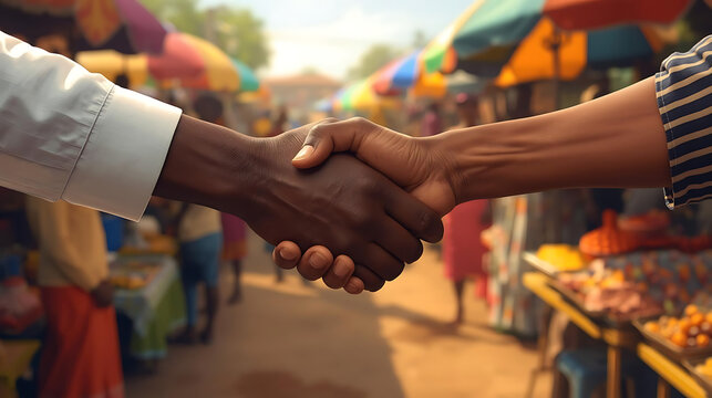 Handshake between two people of different skin tones in a vibrant outdoor market, symbolizing unity and partnership