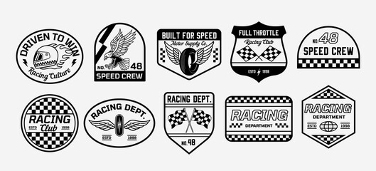 Retro racing badges vector set with motorsport logos, speed crew emblems, checkered flags, helmets, wings, and retro typography. Perfect for apparel, stickers, branding, and prints. 