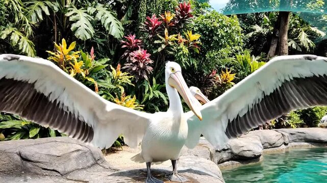 Graceful Australian pelican with outstretched wings perched by tranquil turquoise water, showcasing beautiful plumage