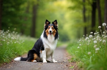 Fototapeta premium Shetland sheepdog sits on dirt path in green forest. Tricolor sheltie dog has black white brown fur. Happy dog looks forward, enjoying nature walk in park.