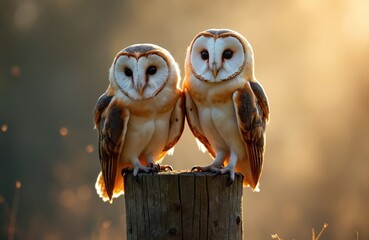 Fototapeta premium Two barn owls sit together on wooden post. White faces, brown speckled feathers stand out against soft, golden background. Birds look towards viewer, appearing alert, calm. Eyes dark, round. Image