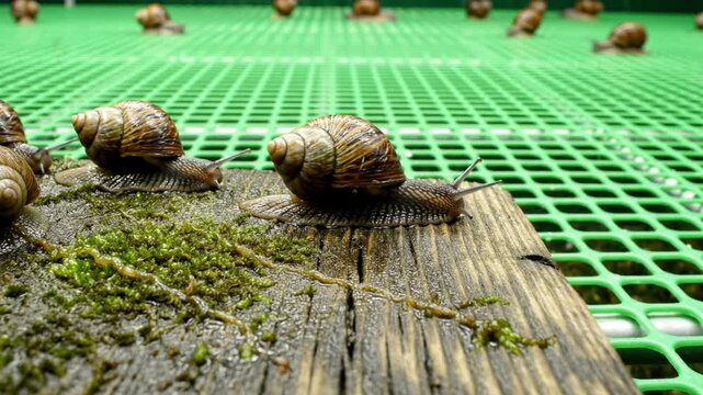 Snails crawling on a wooden plank with moss in an outdoor snail farm, close-up shot