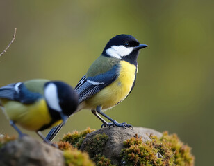 Fototapeta premium Two great tit birds perch on mossy rocks in a garden setting. One bird faces right with bright yellow chest and black markings. The other bird bends down searching for food.
