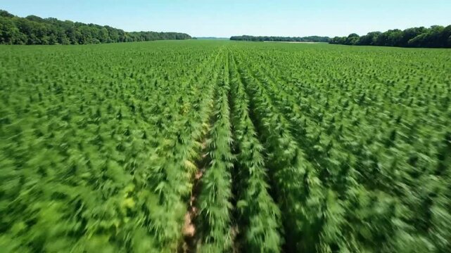 Aerial view showcasing a vast vibrant hemp field with rows of green plants growing under a clear blue sky