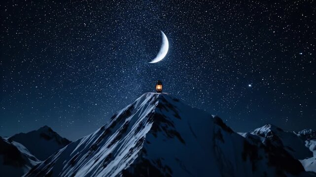 Vintage oil lantern glowing on snowy mountain peak under crescent moon