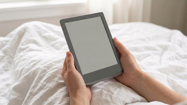 Person holding blank e-reader or tablet in bed, digital reading and relaxation mockup