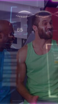 Vertical video: Two men in gym laughing, blue man stepping after joke, HUD above updating DNA score