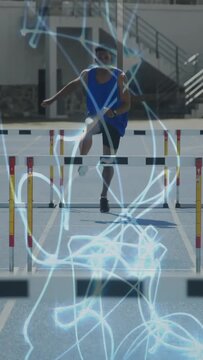 Vertical video: Start light starting hurdler clearing hurdles, neon pulsing at takeoff, training