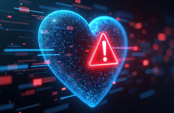 Digital heart with warning sign. Data streams and glitches signal online danger or relationship risk. Love scam alert. Cyber security threat. Digital health hazard.