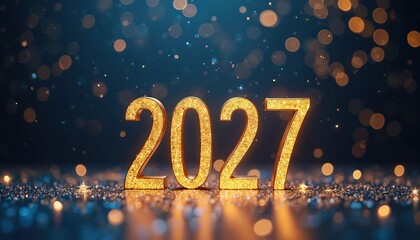 Fototapeta premium Golden sparkling numbers 2027 appear on dark background with bokeh lights. Celebrate New Year future wishes and start new goals. Party countdown begins.
