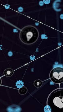 Vertical video: Crossing streak revealing network layers in dark space with sale and delivery icons