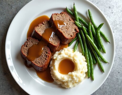 Sliced meatloaf with rich gravy served with mashed potatoes and green beans. This classic dish is a hearty, comforting meal perfect for family dinners and holidays.