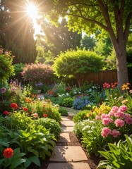 Obraz premium Sunlit Garden Pathway Lined With Vibrant Flowers and Lush Greenery