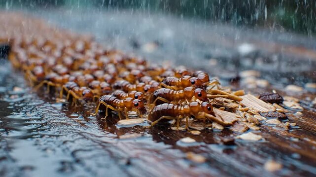 Rain falling on a swarm of termites feasting on wet wood, close-up insect life
