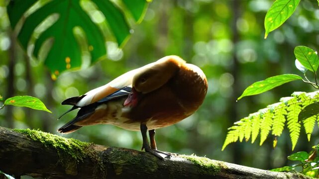 Ruddy shelduck perched on a mossy branch grooming its feathers in a lush green forest setting