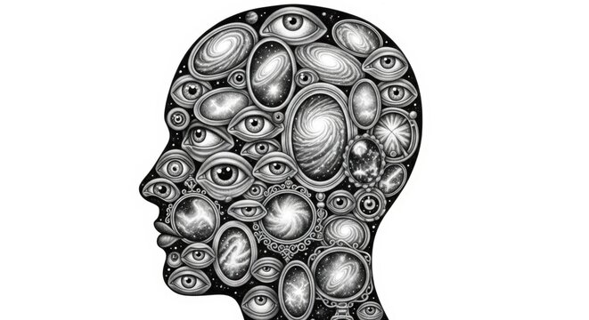 Mind full of eyes, surreal profile silhouette