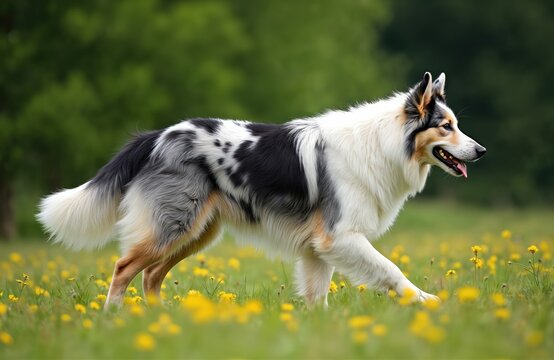 Tornjak dog with tri color fur walks in grassy field with yellow flowers. This purebred canine has black white and tan coat. Dog is happy and healthy outside in nature.