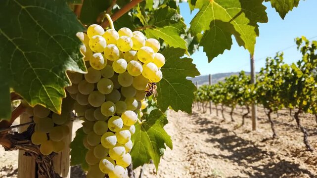 Ripe green grapes growing on a vine with a bee in a sunny vineyard during a beautiful summer day
