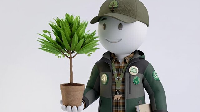 3D Environmentalist Character Holding Green Sapling
