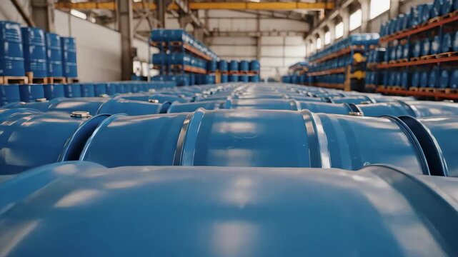 Tracking shot along a row of blue industrial oil barrels. Perspective view of metal drums lined up in a large warehouse. Logistics and storage concept
